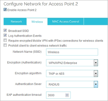 Screen shot of the Wireless tab WPA/PWA2 Enterprise Authentication settings