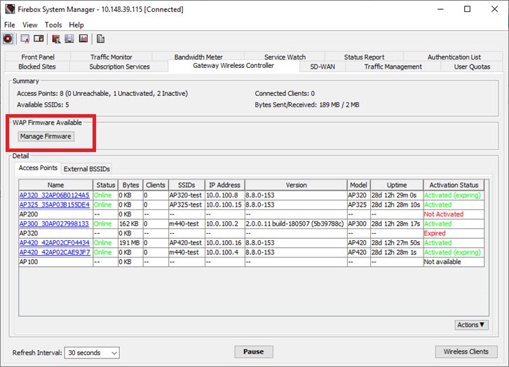 Screen shot of Firebox System Manager - GWC Firmware section