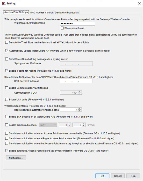 Screen shot of the Access Point Settings tab