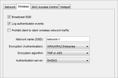 Screen shot of the Wireless tab WPA/PWA2 Enterprise Authentication settings