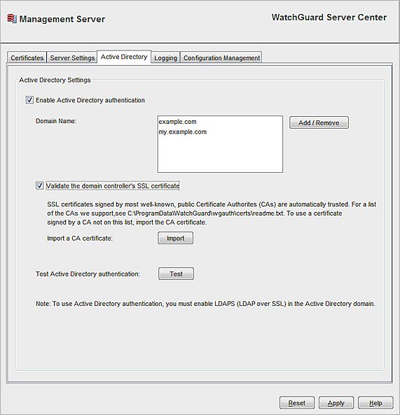 Screen shot of the Management Server Active Directory tab