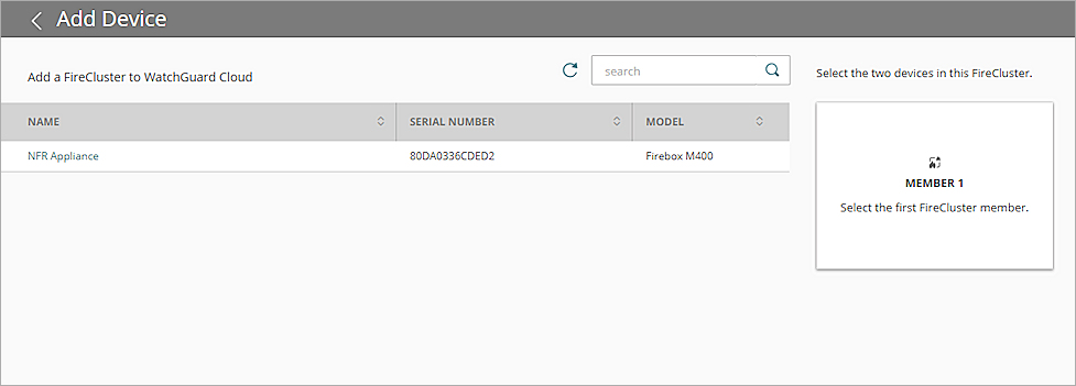 Screen shot of the Add Devices page with no FireCluster member selected