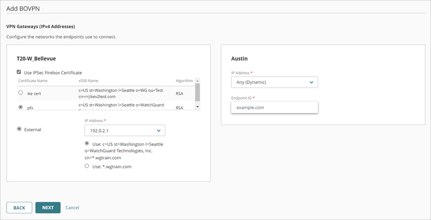 Screenshot of the IPSec certificate option in the Add a BOVPN Wizard