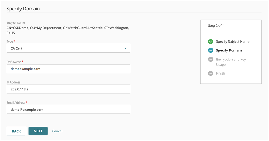 Screen shot of the Specify Domain page for a CSR