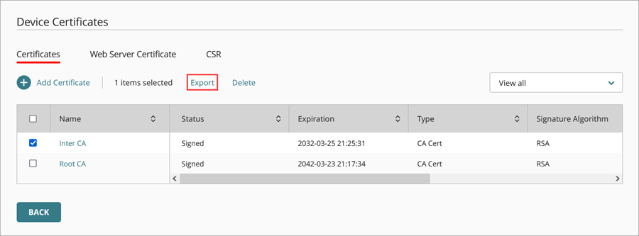 Screen shot of the Export option on the Device Certificates page