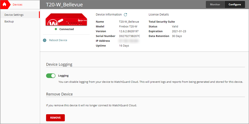 Screen shot of WatchGuard Cloud, Device Settings page