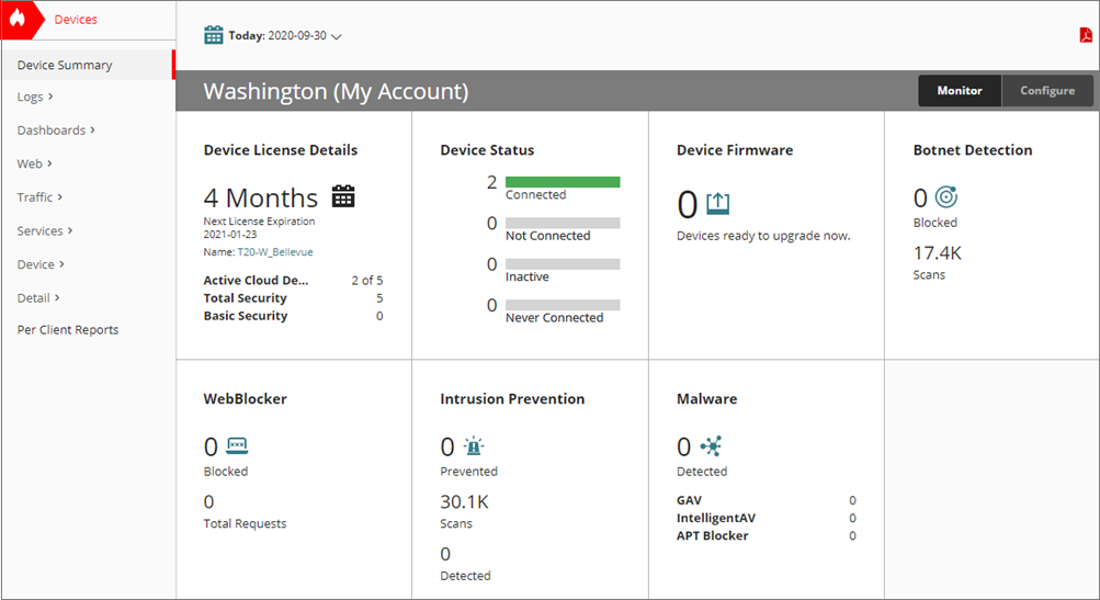 Screen shot of Device Summary page