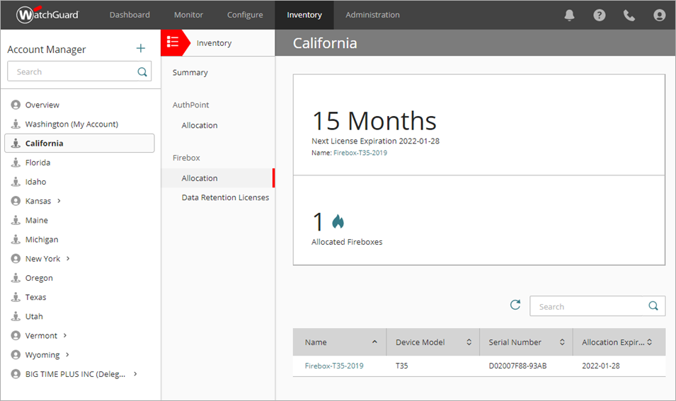 Screen shot of WatchGuard Cloud Firebox Allocation for a managed account