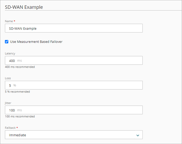 Screen shot of an SD-WAN action with Use Measurement Based Failover selected