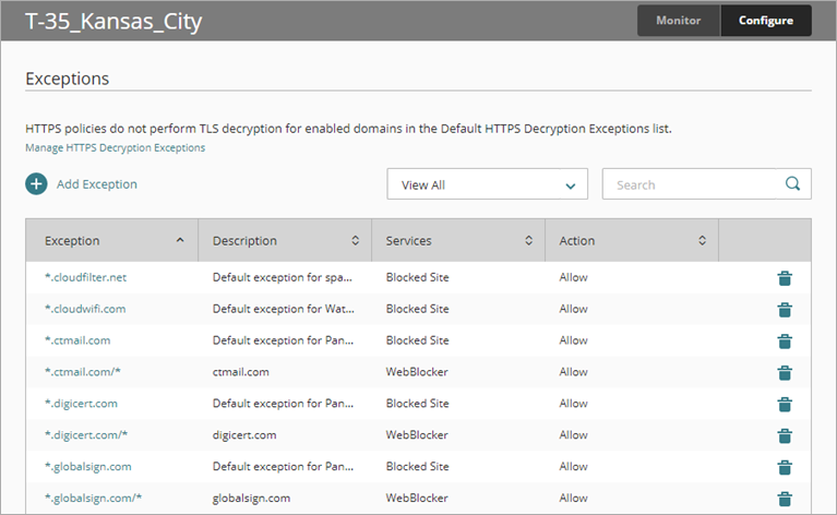 WatchGuard Cloud screen shot of Exceptions page