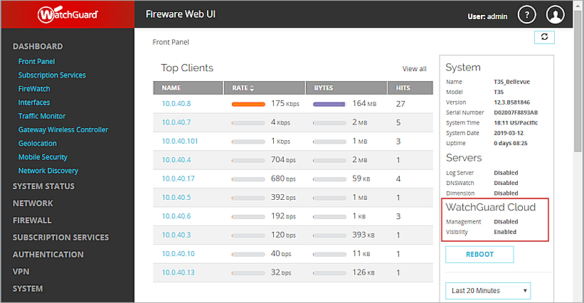 Screen shot of the Fireware Web UI Front Panel Dashboard