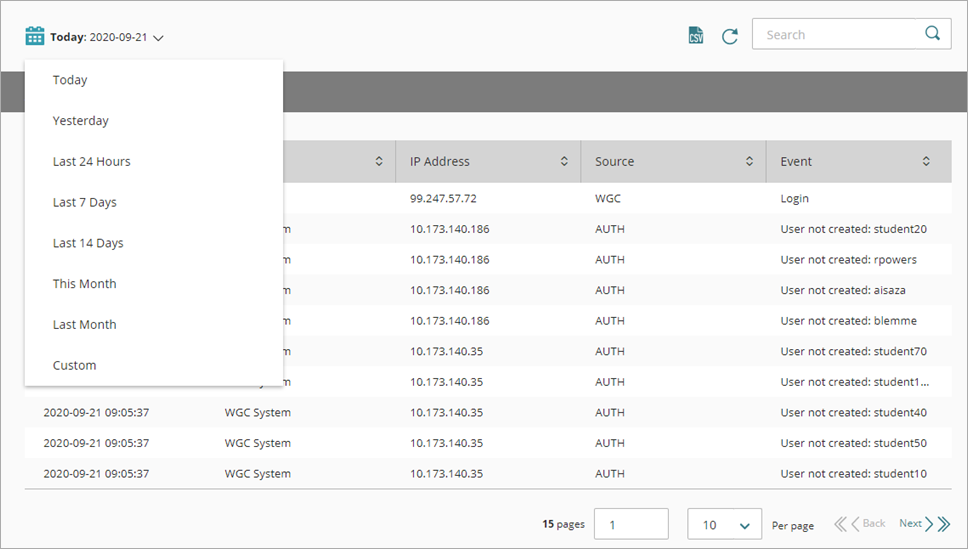 Screen shot of WatchGuard Cloud, Audit Logs, calendar selection