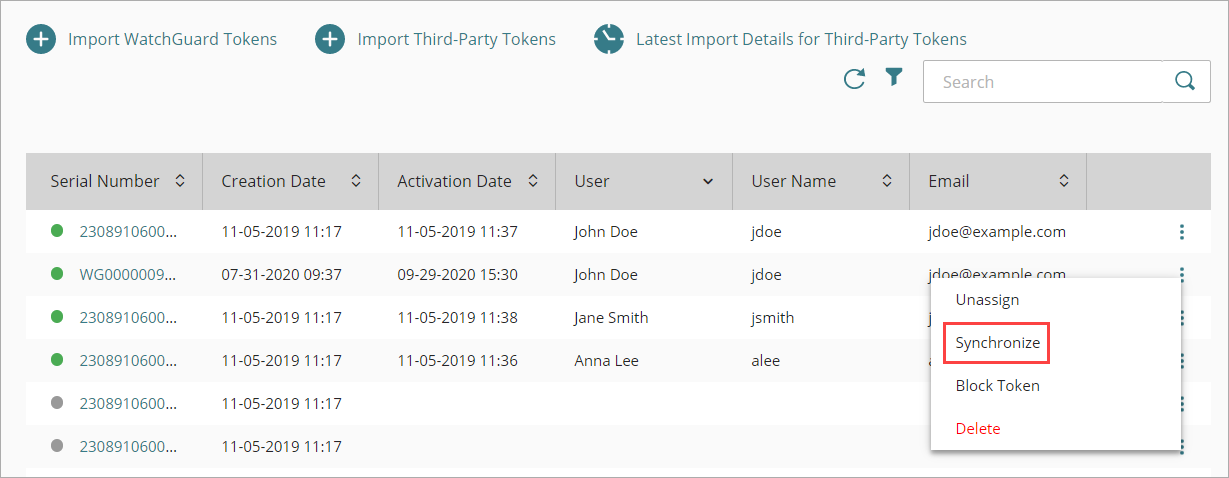 Screenshot that shows the Synchronize option in the hardware token menu.