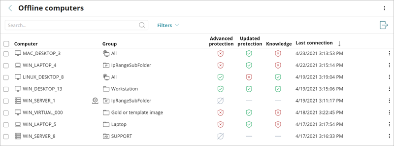 Screen shot of the Offline Computers list