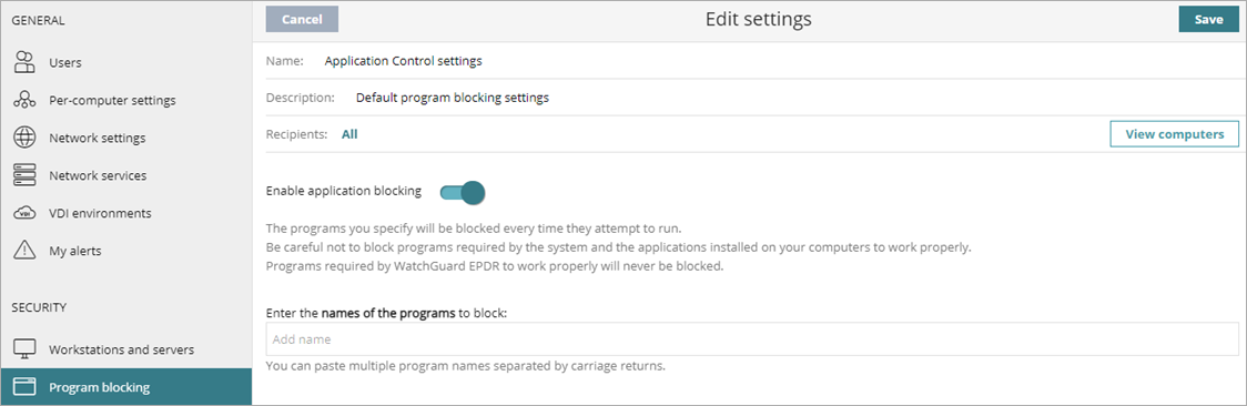 Screen shot of WatchGuard Endpoint Security, Enable program blocking