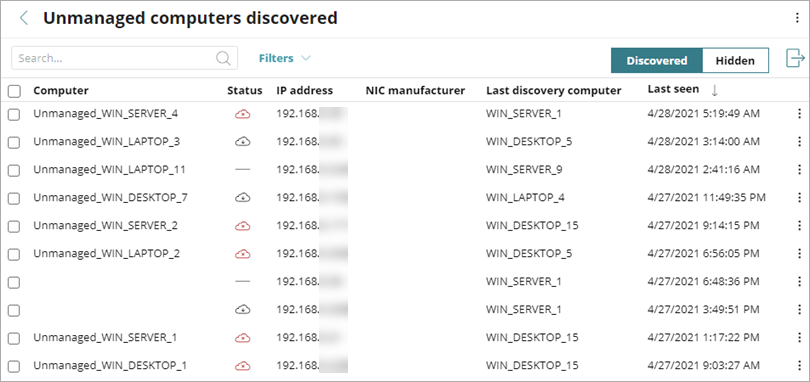 Screen shot of WatchGuard Endpoint Security, Unmanaged Computers Discovered list