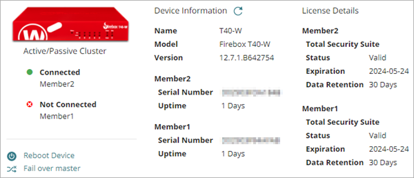 Screen shot of the device information and license details for a FireCluster