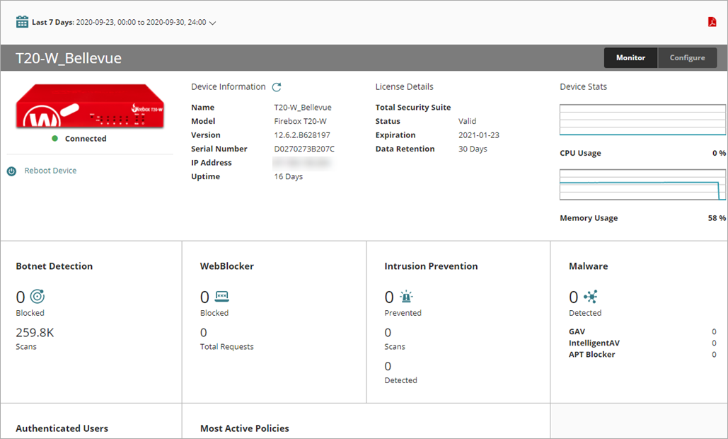 Screen shot of Device Summary page, single device