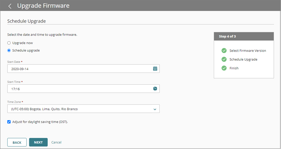 Screen shot of Upgrade Firmware wizard, Schedule Upgrade