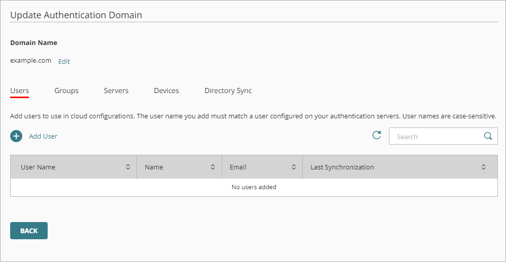 Screen shot of the Update Domain page, Users and Groups tab