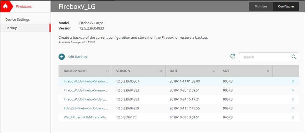 Screen shot of the Backup page for a Firebox