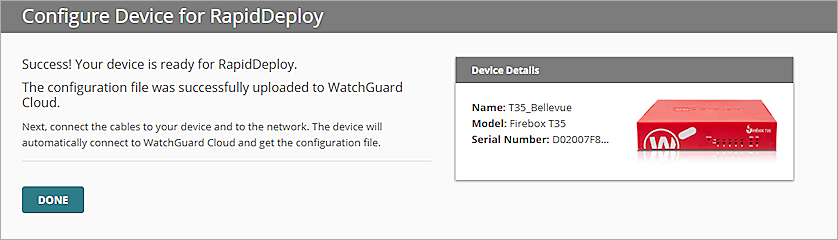 Screen shot of the Configure Device for RapidDeploy Success page