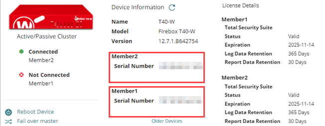 Screen shot of the Device Information and License Details for a FireCluster