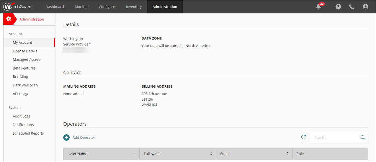 Screen shot of WatchGuard Cloud My Account page