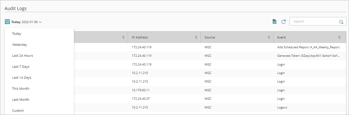 Screen shot of WatchGuard Cloud, Audit Logs, calendar selection