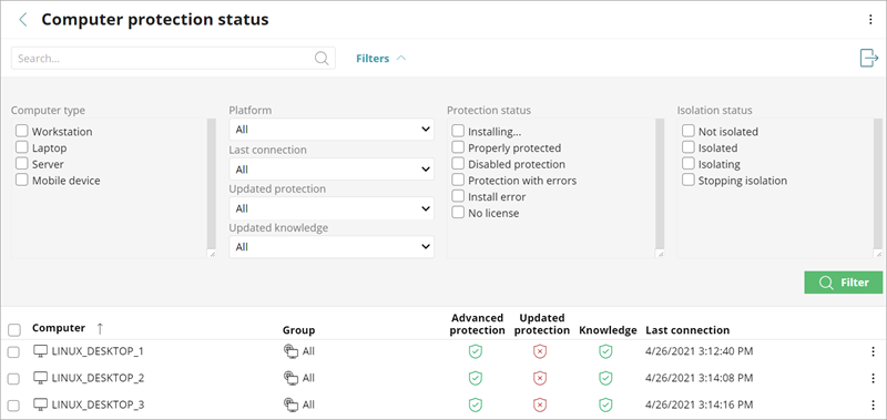 Screen shot of the Computer Protection Status list