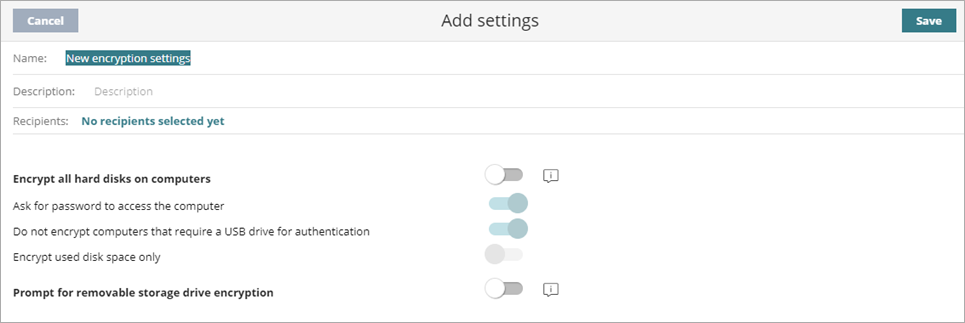 Screen shot of Add Settings page, Encryption settings.