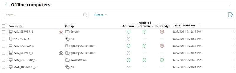 Screen shot of the Offline Computers list