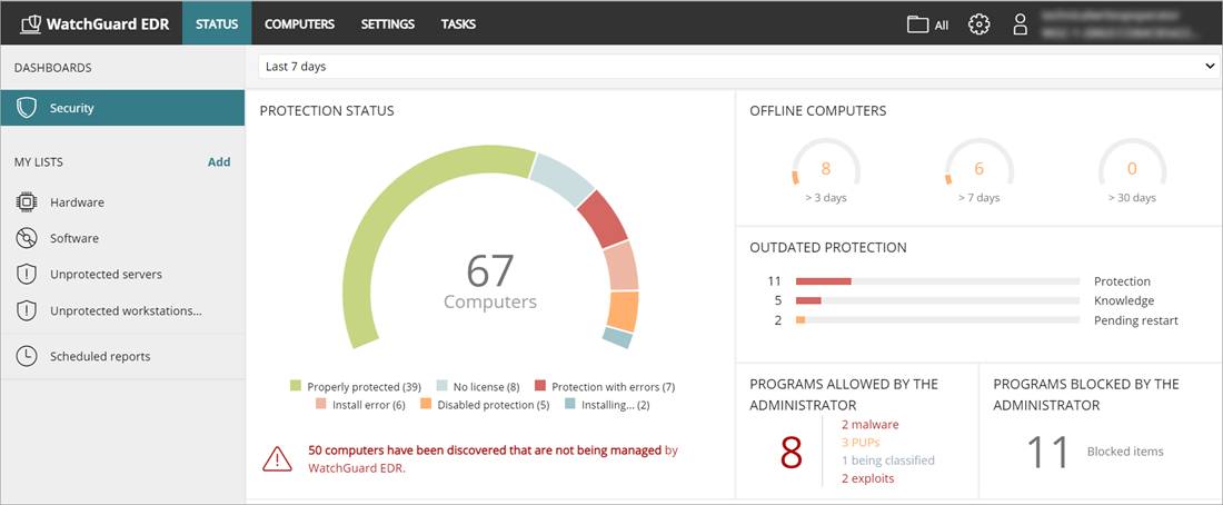 Screen shot of the WatchGuard EDR Security dashboard