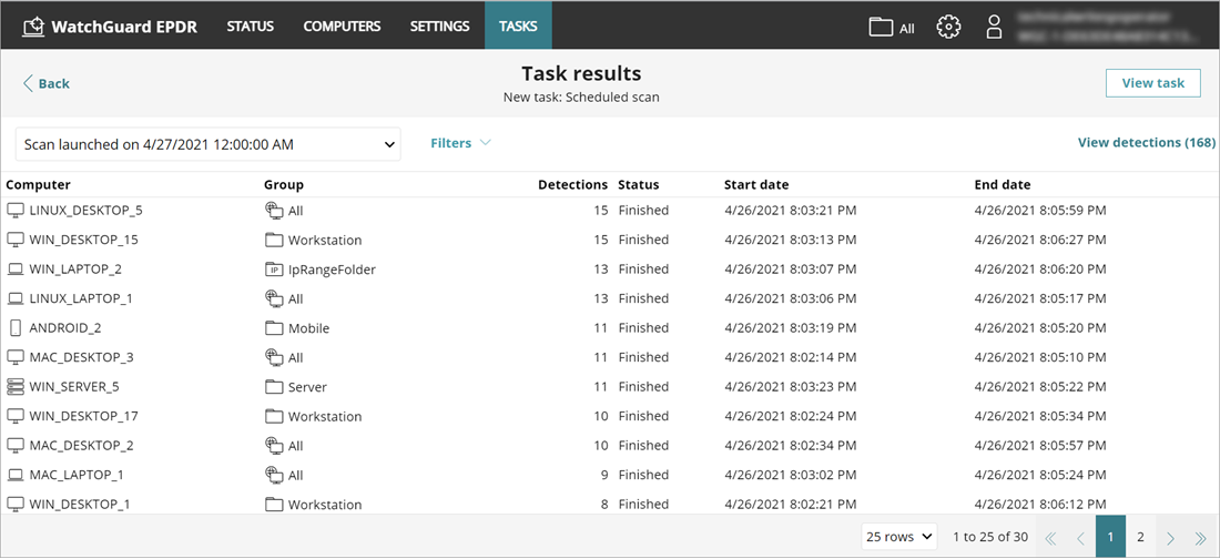 Screen shot of the Task results page