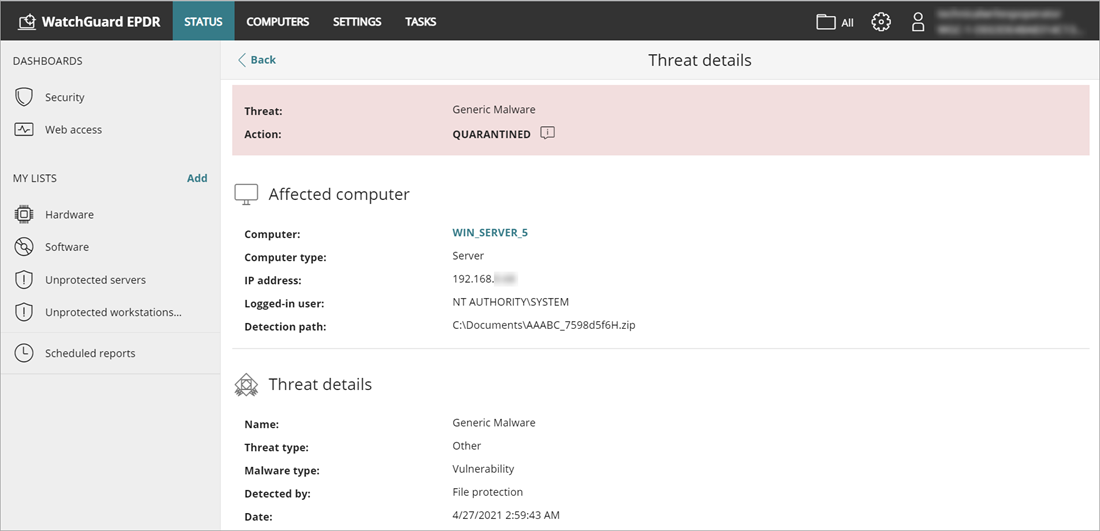 Screen shot of a task threat details page