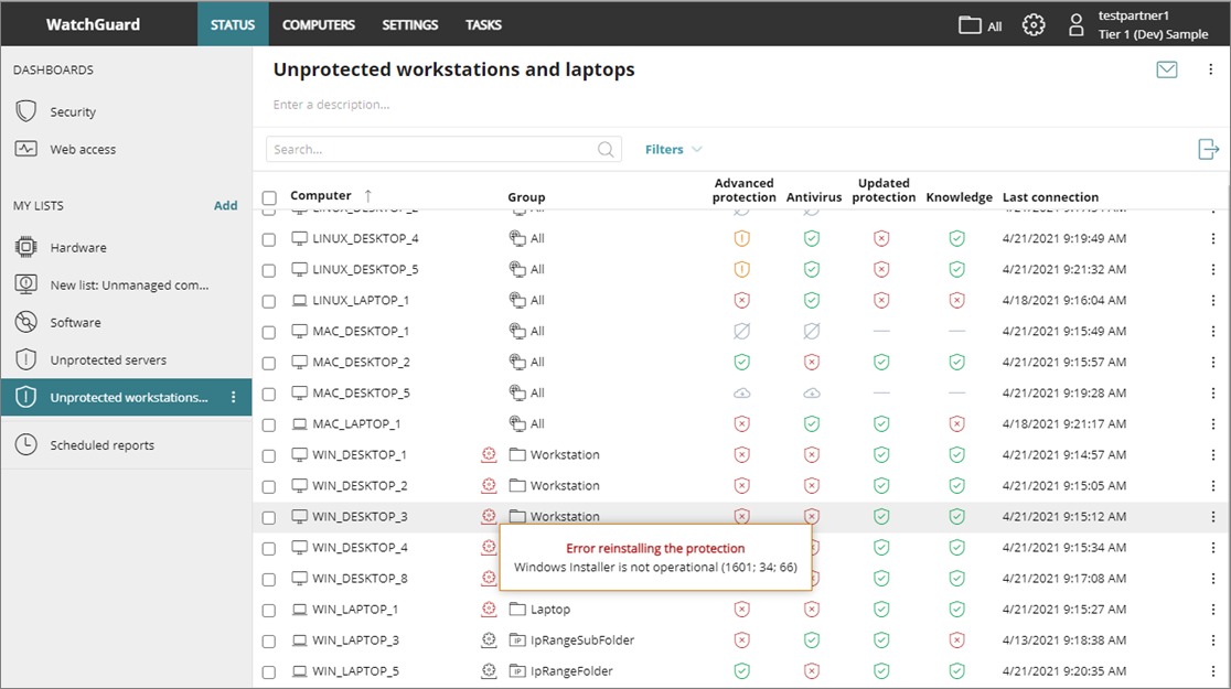 Screen shot of WatchGuard Endpoint Security, Unprotected Workstations and Laptops list