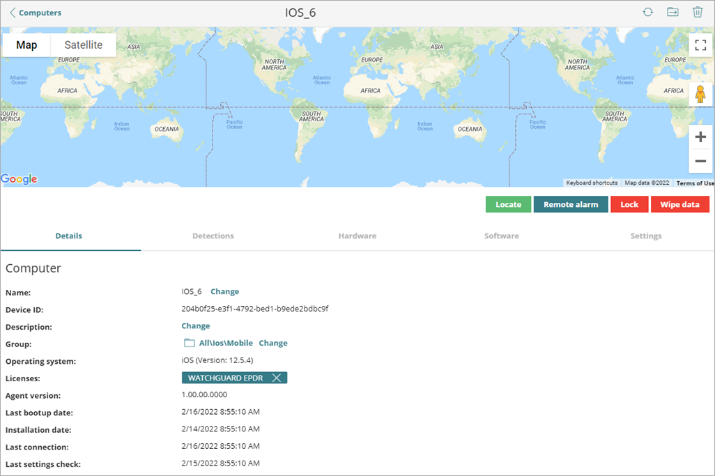 Screen shot of WatchGuard Endpoint Security, Computers page for iOS devices