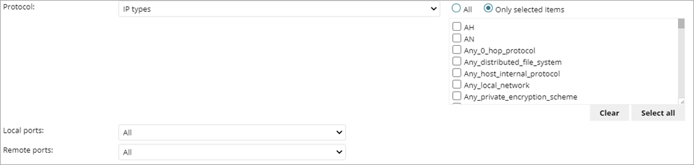 Screen shot of WatchGuard Endpoint Security, Connection rules IP types protocol settings