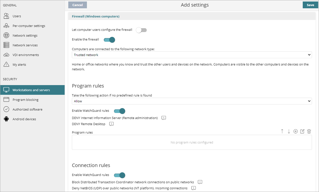 Screen shot of WatchGuard Endpoint Security, Firewall settings