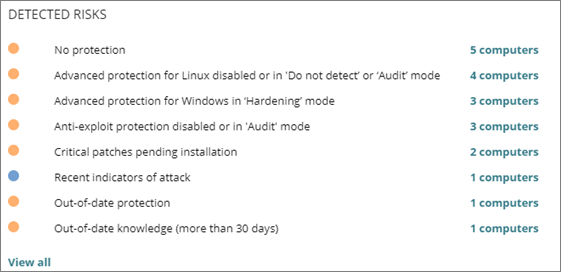 Screen shot of Detected Risks tile on the Risks dashboard in WatchGuard Endpoint Security