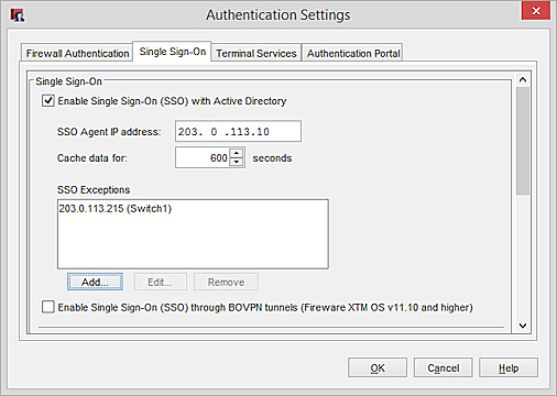 Capture d'écran de la section Single Sign-On de la boîte de dialogue Paramètres d'authentification avec des exemples d'exceptions SSO.