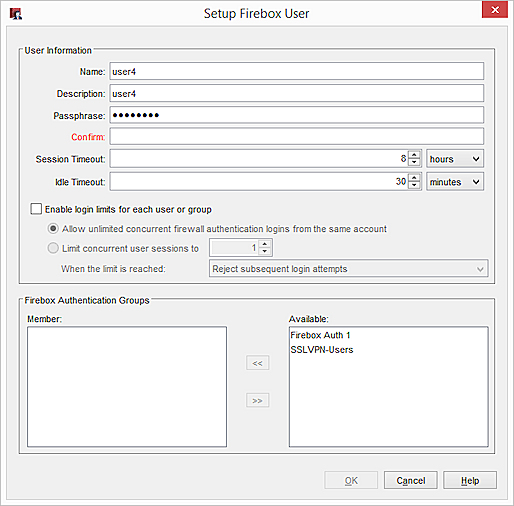Capture d'écran de la boîte de dialogue Configuration d'utilisateur Firebox