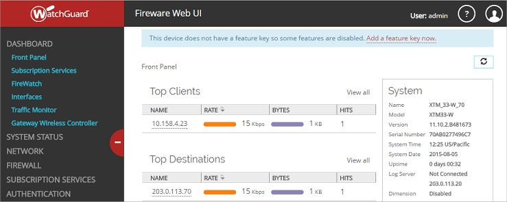 Capture d'écran de Web UI avec une alerte clé de fonctionnalité