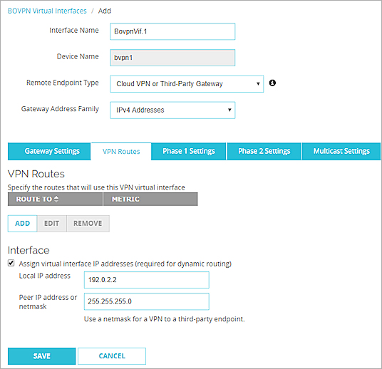 Capture d'écran de l'interface virtuelle BOVPN, page Routes VPN