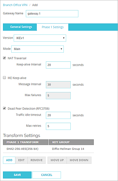 Capture d'écran de la page de paramètres Passerelle Branch Office VPN - onglet Paramètres de Phase 1