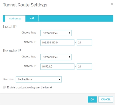 Capture d'écran de la boîte de dialogue Paramètres de route de tunnel