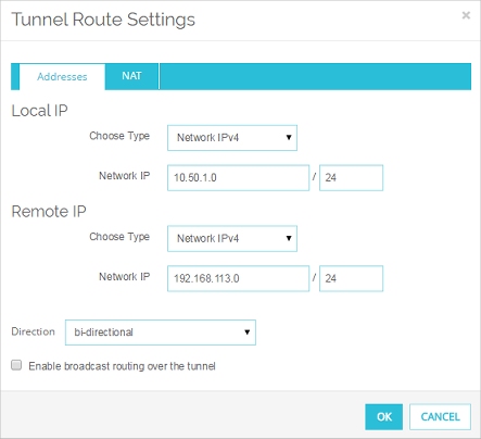 Capture d'écran de la boîte de dialogue Paramètres de route de tunnel pour la configuration du site B