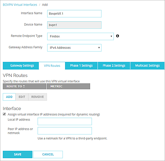 Screen shot of the BOVPN Virtual Interface VPN Routes tab