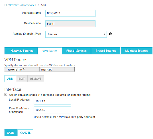 Screen shot of the BOVPN Virtual Interfaces page, VPN Routes tab